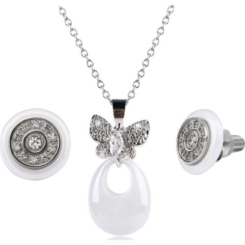 Fashion Jewelry Set Black White Color Ceramic Water Drop Crystal Butterfly Pendant Necklace Simple Round Stud Earrings For Women