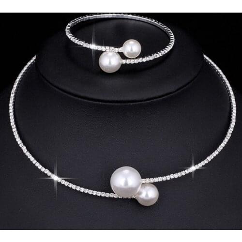 Fashion Simulated Pearl Bridal Jewelry sets For Women Adjustable Choker Earring Necklace Bracelet Crystal Wedding Jewelry Gift