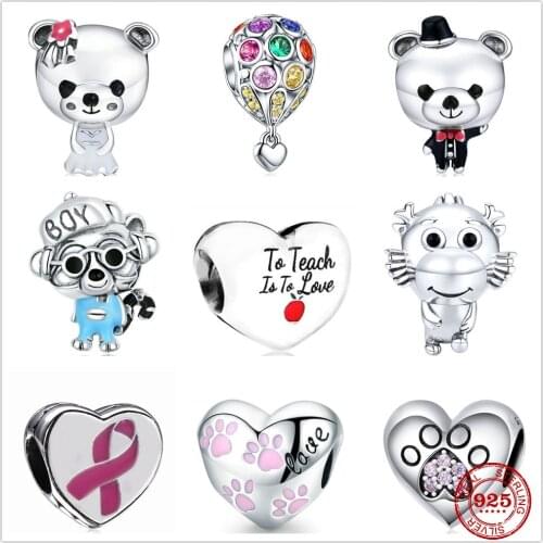 Silver Shiny Mr. And Mrs. Bear colorful balloons fit Original Pandora Charms Silver 925 Bracelet DIY Women Jewelry