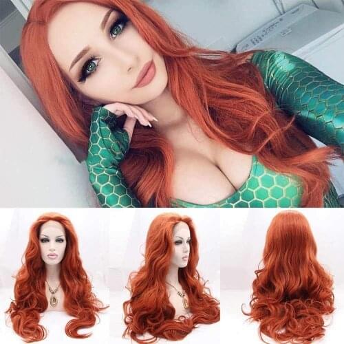 Melody Wig Cooper Red Long Body Wave 13*3 Lace Front Wig Orange Color Synthetic Heat Resistant Fiber for Women Cosplay Wig
