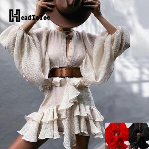 Lantern Sleeve Ruffles Button Design Dress