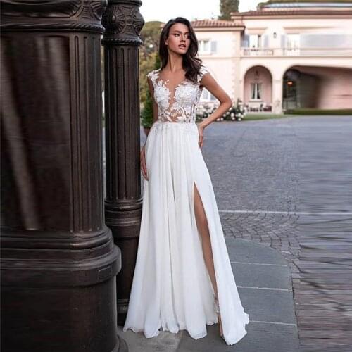 Sheer Scoop A-Line Wedding Dresses Lace Appliques Sexy Split Side 2020 Chiffon Skirt Spring Women Bridal Gowns Beach Plus Size