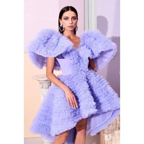 Puffy Lilac Prom Dress Fashion Mid Calf Length Evening Gowns Vestido Ruffle Party Dresses Tulle High Low Capped Sleeves
