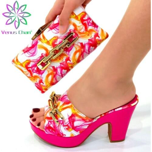 Comfortable Heels Sandals in Fuchsia Color Italian Women Design Shoes Matching Bag for Garden Party with Platform for Dress