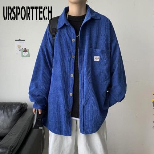 URSPORTTECH Men Shirt Oversized Long Sleeve Solid Corduroy Shirt Men Blouse Tops Shirt Hip Hop Dance Casual Shirts for Men