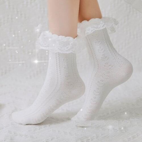 Japanese Fashion Socks Women Ruffle Black White Lace Socks Lolita Cotton Breathable Mary Jane Crew Sock For Girls