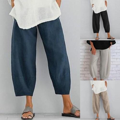 Women Solid Color Trousers Elastic Waistband Pockets Loose Ninth Pants Baggy Trousers Summer Plus Size Loose Comfortable Pants