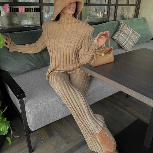 2021 Casual 2PCS Outfit Set Winter Turtleneck Sweater 2 Piece Sets Long Sleeve Set Outfits Women Set Ribbed Knitted Trousers Set