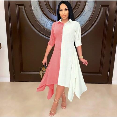 Contrast Color Patchwork Irregular Long Dress Woman Turn Down Collar Full Sleeve Shirt Dresses Office Lady Button Blouse Dress