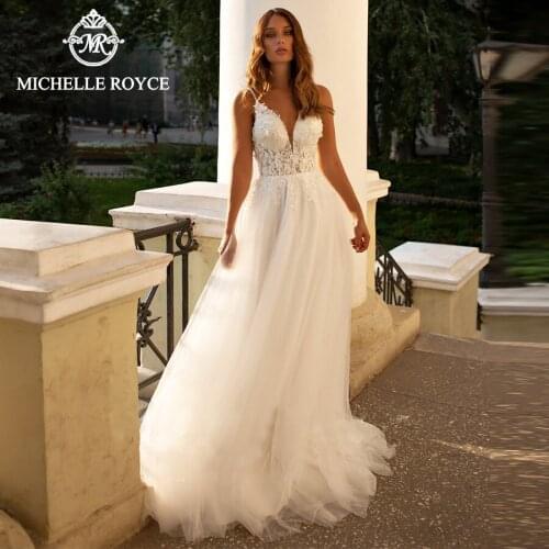 Michelle Royce A-Ling Wedding Dresses 2020 Sexy Deep V-Neckline Appliques Backless Chapel Train Bridal Gowns Vestido De Noiva