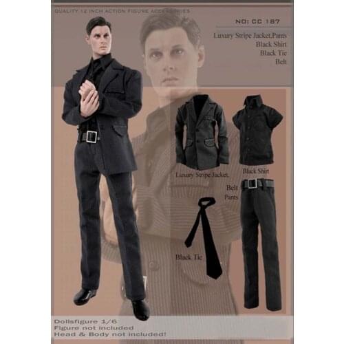 1/6 CC187 Gentleman Black Striped Suit Coat Pants Tie and Shirt Set Models For 12'' Figures Bodies Accessories toys m5