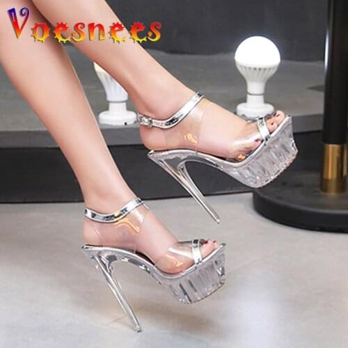 2020 Genuine New Women Shoes Sexy Sandals Plus Size High-heeled 14cm Thick Soles Fine with Waterproof Transparent Crystal Sandal
