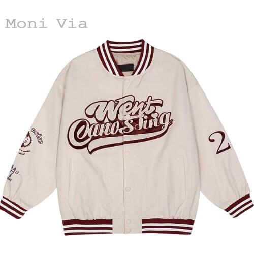Monivia 2021 Autumn Oversize Jacket Loose English Embroidery Men and Women Harajuku Baseball Uniform Male Reflective Streetwear