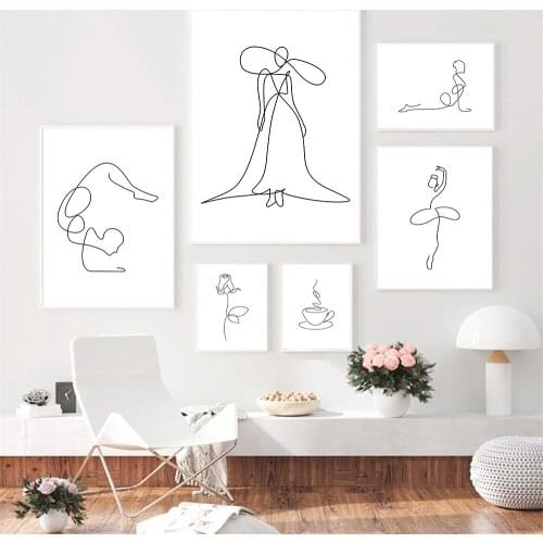 Abstract Ballet Girls Line Drawing Poster Figure Art Print Coffee Rose Flower Wall Art Canvas Painting Nordic Picture Home Decor