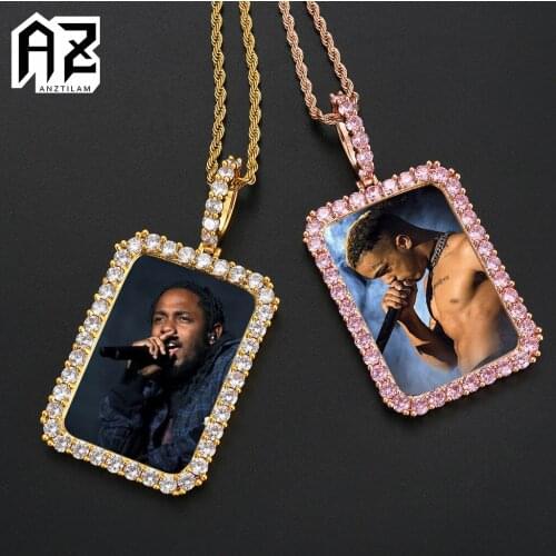 AZ Hip Hop Bling Custom Photo Made Pendant Necklace Full Iced Out Square Tag Men Women DIY Jewelry Gifts Free Shipping