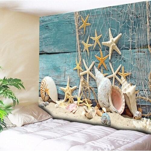 Wood Starfish Conch Decorative Tapestry Wall Hanging Hippie Boho Tapestry Bohemian Retro Turquoise Green Blanket Beach Towel