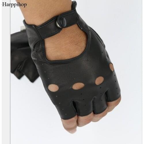 Harppihop Winter Men Genuine Leather Fingerless Gloves Black and Brown Half Finger gym Workout Fitness Driving Male Gloves G9205