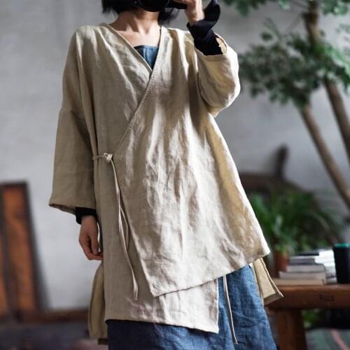 Johnature Women Embroidery Bandage Shirts Solid Color Vintage Blouses 2021 Spring New V-Neck Loose Chinese Style Shirts And Tops