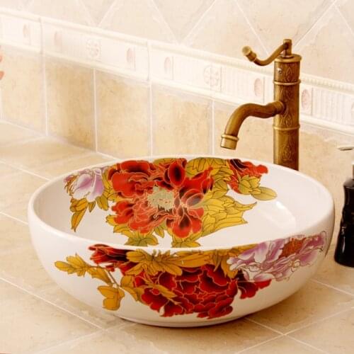 China Painting cordate telosma Ceramic Painting Art Bathroom Vessel Sinks Round counter top washbasins bathroom sinks prices