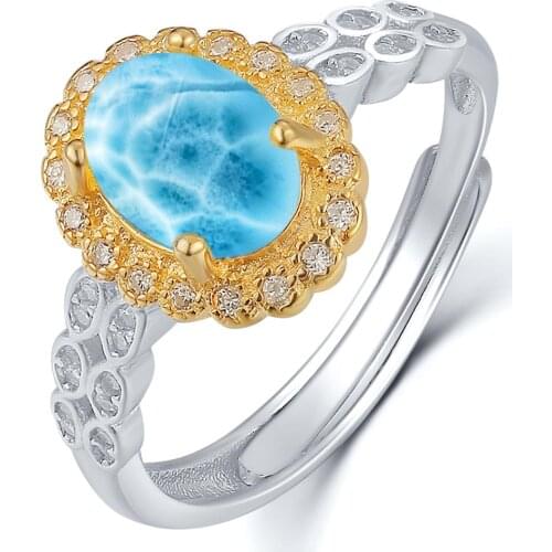 Beautiful 925 sterling silver and cabochon gemstone jewelry 1.25ct natural larimar silver ring/Oval larimar ring/larimar Silver