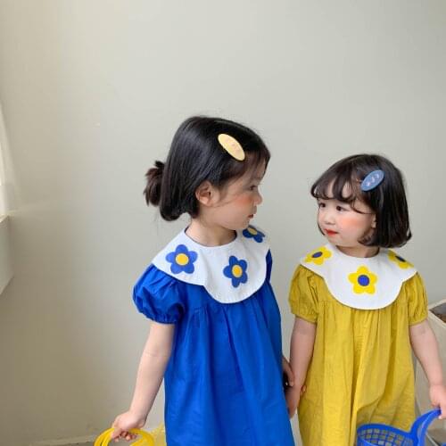 Girls summer solid color loose dresses 1-6 years cotton petr pan collar short sleeve dress for kids