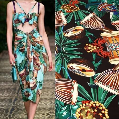 Summer brand designer fabric digital printing ethnic drum instrument handmade DIY shirt and dress fabric custom polyester fabric