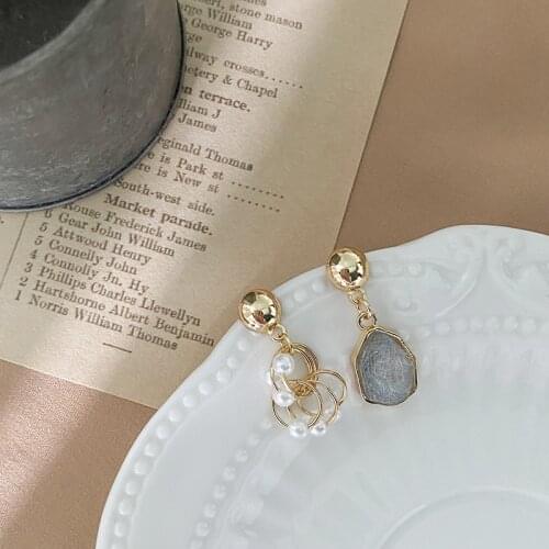 LOVOACC Korean Asymmetric Grey Color Stone Earrings for Women Femme Gold Color Metal Beading Faux Pearls Dangle Earrings Brincos