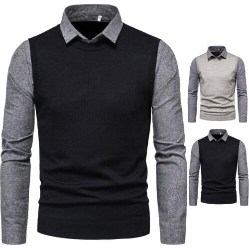 Fake Two Pieces Sweater Men Brand New Shirt Collar Mens Knitted Pullovers Casual Slim Fit Knitwear Pull Homme Patchwork Knitwear