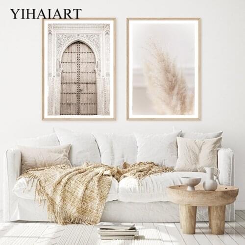 Nordic Beige Canvas Picture Mosque Door Vintage Poster Bohemian Grass Landscape Wall Print Art Painting Modern Home Decoration