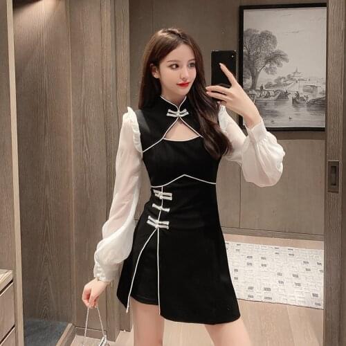 COIGARSAM Women Korean Dress One Piece Autumn Spring 2021 New Cheongsam Fashion Vintage Patchwork Black Dresses Traf