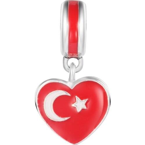 Fits Pandora Bracelets Turkey Heart Flag Dangle Charm 925 Sterling Silver Women Beads Jewelry for DIY Making Kralen Berloques