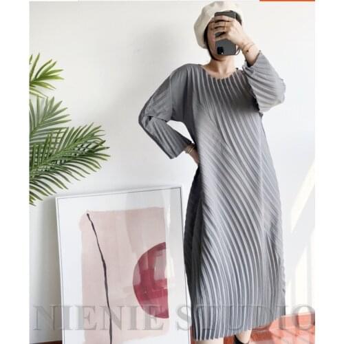 HOT SELLING Miyake pleated one-piece dress o-neck expansion pressure Irregular creasing loose dress IN STOCK