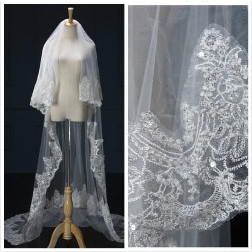 Real Photos 3M White/Ivory Beautiful Cathedral Length Beaded Lace Edge Wedding Bridal Veil with Comb