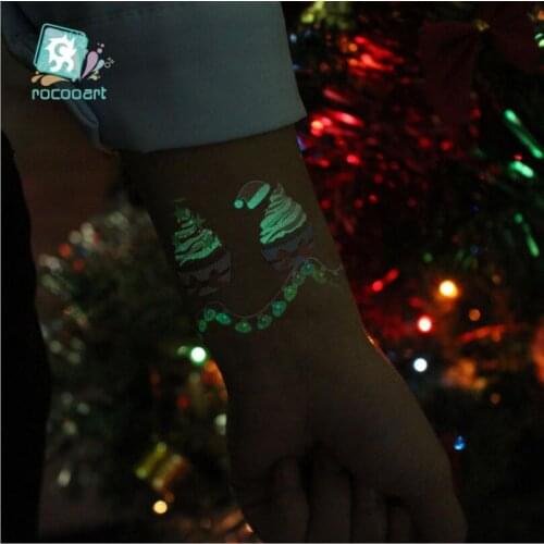 Rocooart Christmas Glowing Tattoo Stickers Luminous Temporary Tatoo Snow Man Fake Tattoo Santa Flash Taty New Year Gift T1838