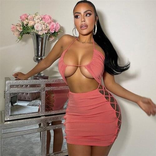 YHLZBNH Sexy Bandage Hollow Out Neck-Mounted Women Sexy Club Mini Dress Elastic Fashion Skinny Dresses Hipster Streetwear Outfit