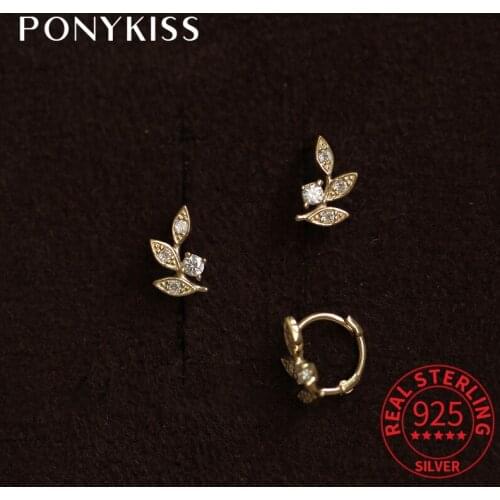 PONYKISS Trendy S925 Sterling Silver Round Leaves Zircon 14K Gold Hoop Earrings For Women Punk Fine Jewelry Gift Drop Shipping