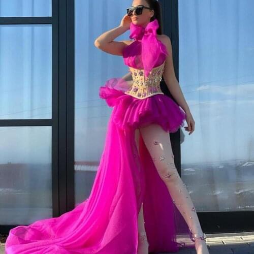 High End Chic Fuchsia Asymmetrical Women Dresses 2022 New Arrival Formal Party Dress Floral Crystal Sexy Gowns