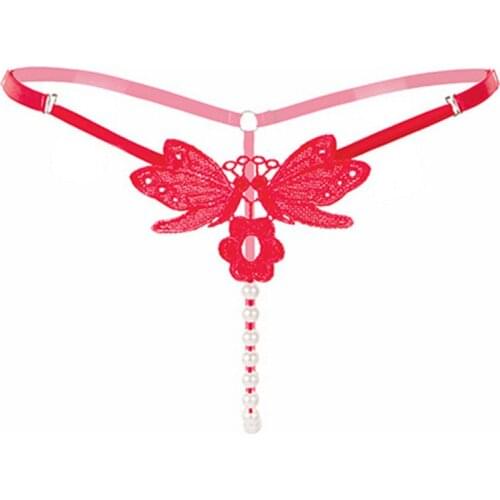 Women Sexy V-string Lady Embroidery Pearl G-String Women Panties Low Waist Adjustable Thongs Briefs