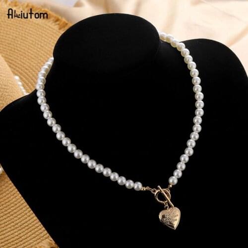 ALIUTOM Vintage Gold Color Heart locket Pendant Necklace for Women Imitation Pearls Choker Necklaces Female Fashion Jewelry New