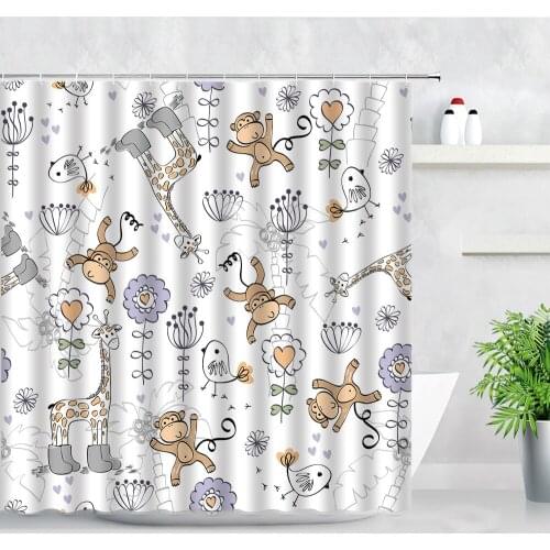 Cartoon Monkey Giraffe Bird Pattern Waterproof Fabric Shower Curtain Set Animals Dandelion Children Bathroom Decor Bath Curtains
