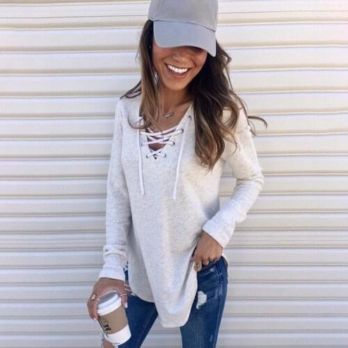 Large Size XXL 2021 Summer Women Solid Tee Shirts T-Shirt V Neck Long Sleeve Cross Bandage Tshirts Femme Tops Black White