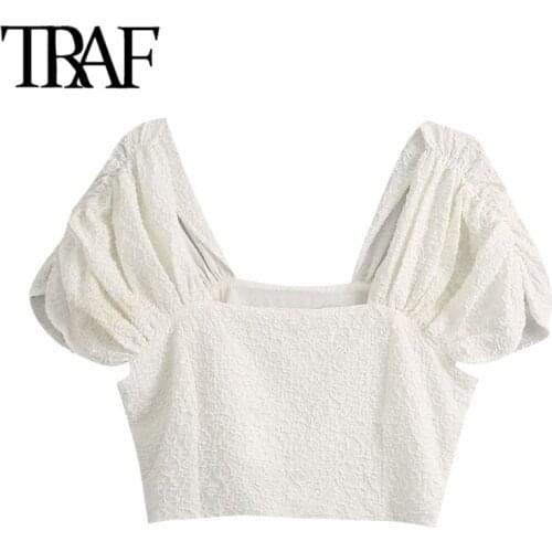 TRAF Women Fashion Textured Weave Cropped Blouses Vintage Square Collar Puff Sleeves Female Shirts Blusas Chic Tops