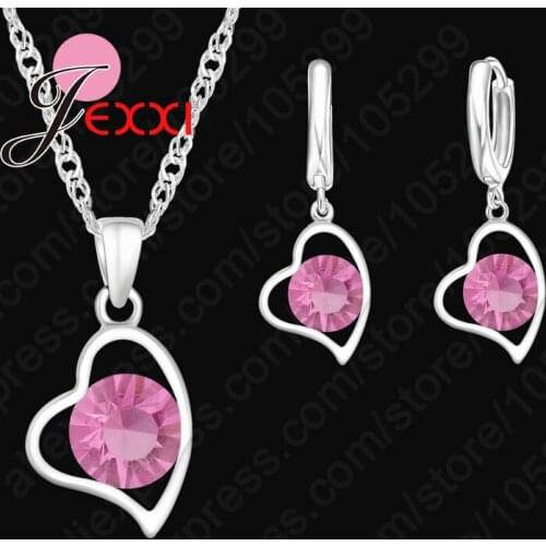 Lose Money Simple Heart Shaped 925 Sterling Silver Crystals Jewelry Sets For Women Bridal Romantic Necklace+Earrings
