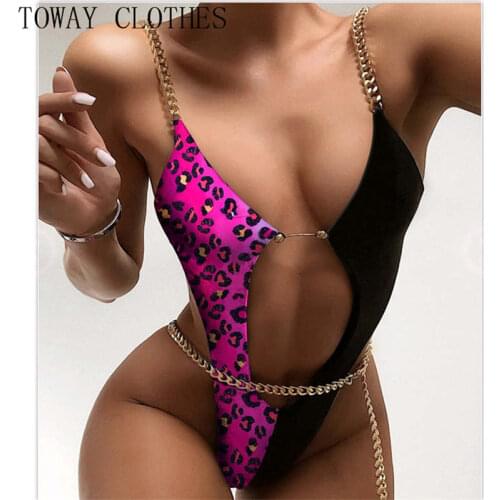 Women Summer Chain Strap Leopard Print Cutout One-Piece Swimsuit