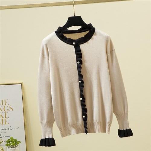 Spring New Women Knitting Sweater Patchwork Ruffled Button Casual Knit Pullover Female O Neck Loose Thin Simple Knitted Sweaters