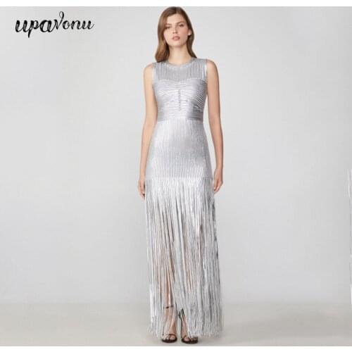 UpAvonu 2020 Summer New WomenS Silver Sleeveless Fringed Bodycon Dress Vestidos Sexy Club Celebrity Runway Evening Party Dress