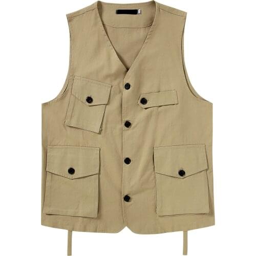 Mens Vest Solid Color Fishing Riding Outer Wear Waistcoat With Multi-Pockets Casual Single-Breasted Loose Tops