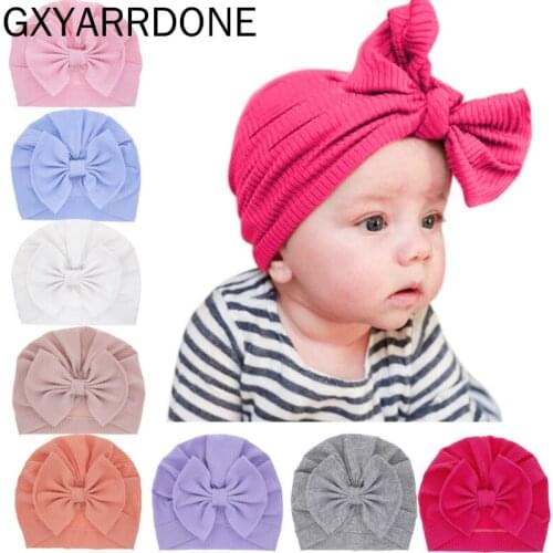 2021 Bow Top Knot Baby Cotton Beanie Turban Princess Baby Girls Striped Hat Infant Flower Cap Newborn Photography Props Hat