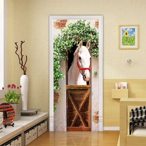 White Horse in The Room 3D Pattern Door Sticker Self Adhesive PVC Wall Sticker Waterproof Living Room Home Design DIY Decoration
