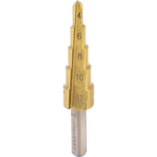 4-12mm Gold Tone Triangle Shank Titanium-Plated Straight Flute 5 Step Drill Bit